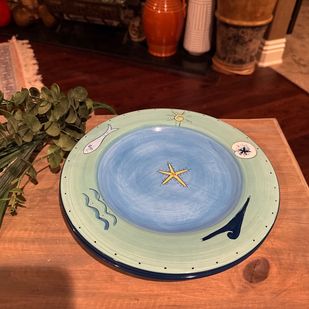 K.I.C. Brushes Hand-Painted Blue Green Fish Sea Beach 10.5” Dinner Plate